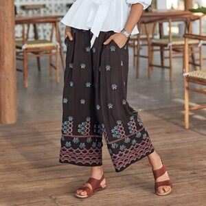 Sundance Mia Cropped Smocked Pants | Grey Blue Embroidered Wide-Leg Small